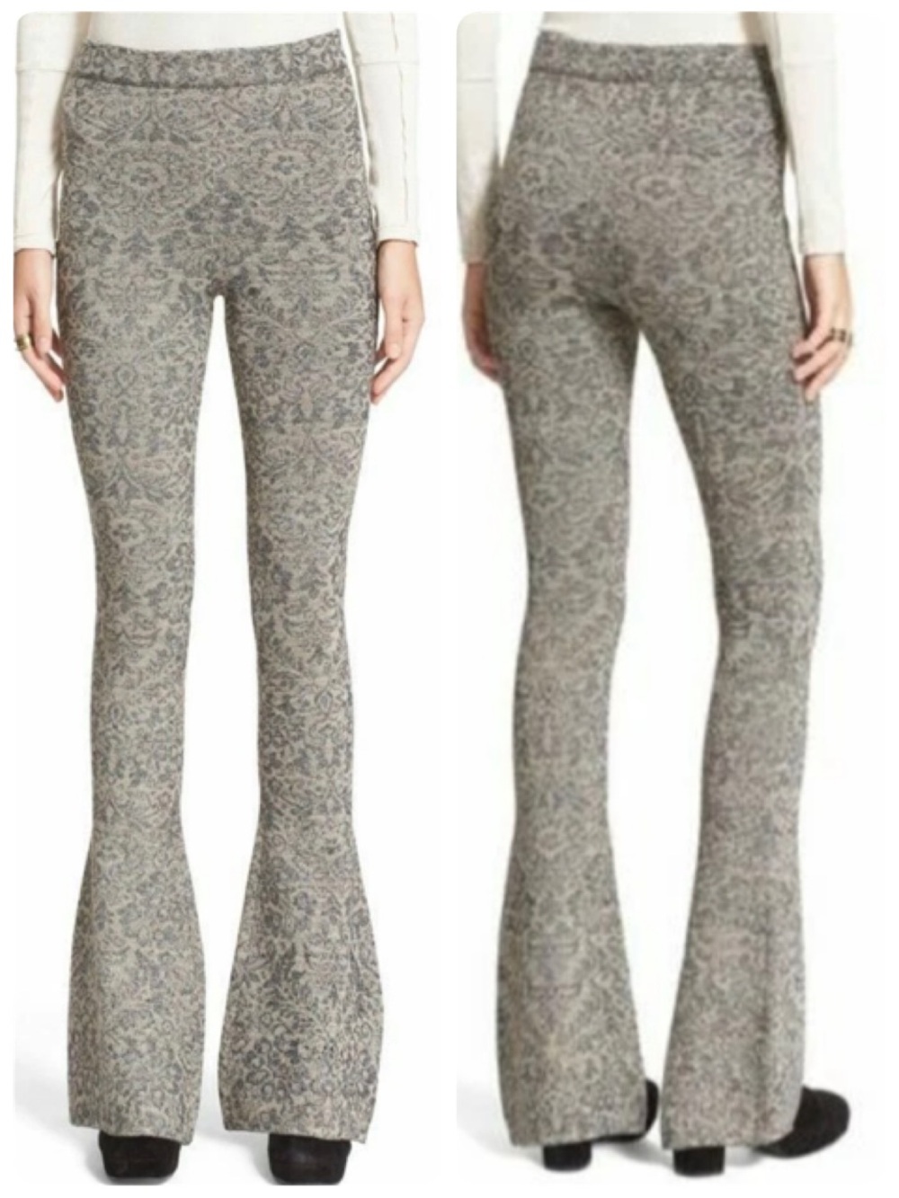 Free People Damask Jacquard Gold Lurex Metallic Printed Flare Knit Sweater Pants